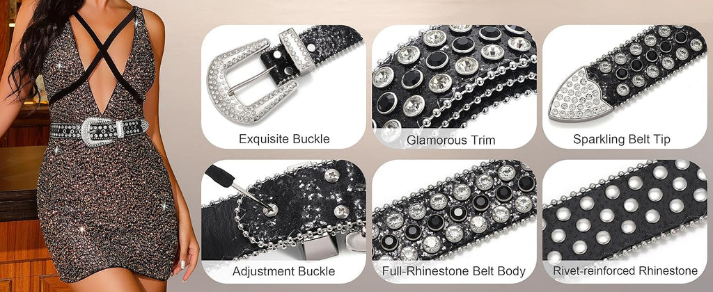 Black Strap With Black & Diamond White Studded Rhinestone BB Belt