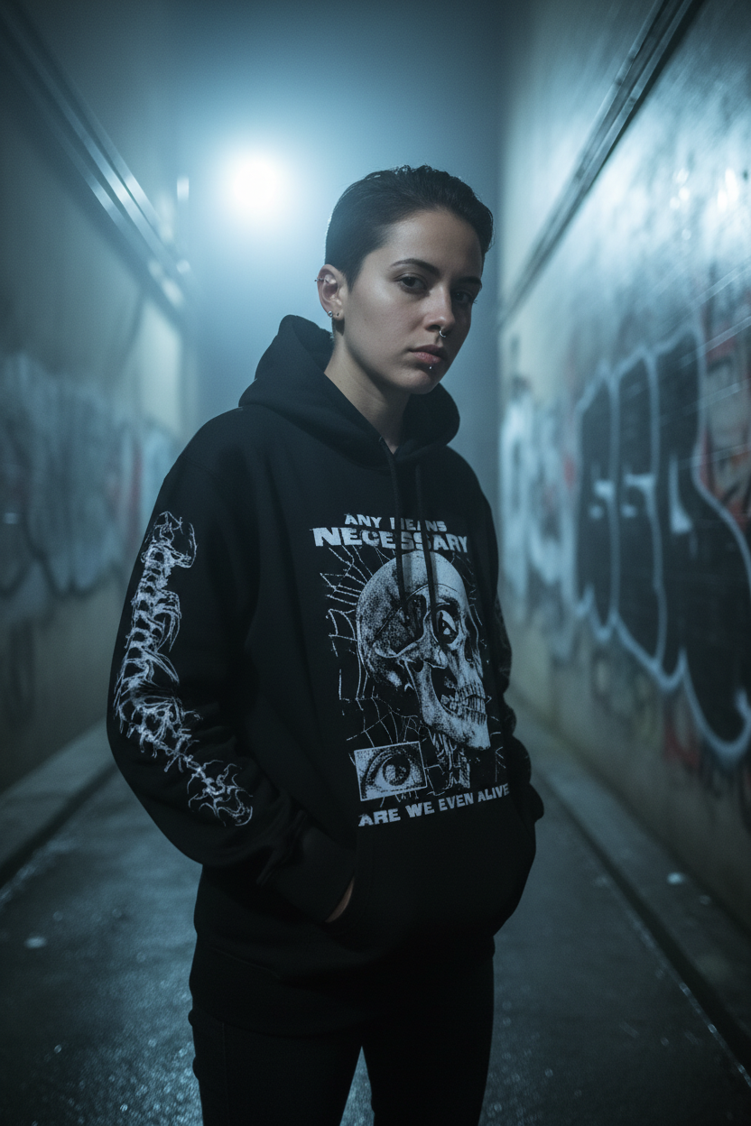 Lifestyle editorial shot of the Are We Even Alive Pullover Hoodie in an urban setting