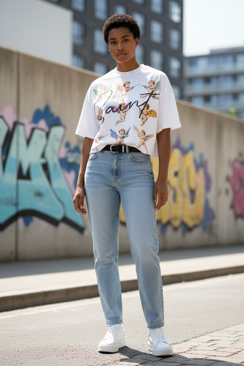 Lifestyle editorial shot of the Cherubs Cropped Boxy Tee styled with high-waisted bottoms in an urban setting