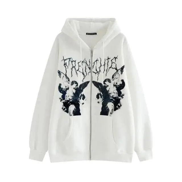 New Trendy Vintage Hip Hop Streetwear Women Hoodies Angel Dark Print Zipper Jacket Coat Hooded Top Clothes Men Women Punk Outwear