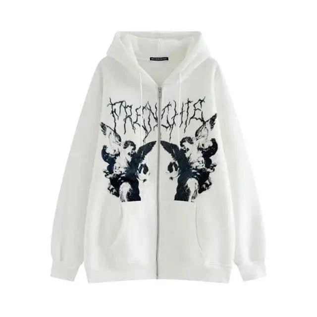 New Trendy Vintage Hip Hop Streetwear Women Hoodies Angel Dark Print Zipper Jacket Coat Hooded Top Clothes Men Women Punk Outwear
